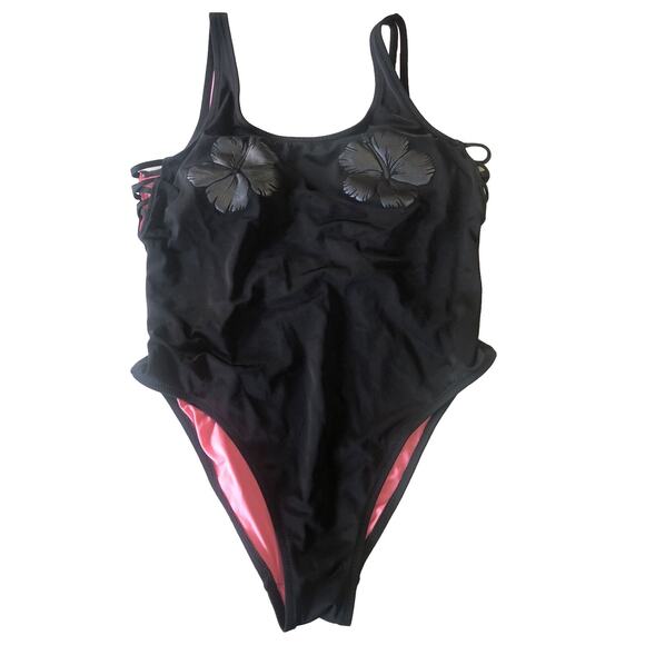 Victorias Secret PINK Womens Sz Large Black One Piece Swimsuit Sexy Hibiscus - Picture 2 of 7